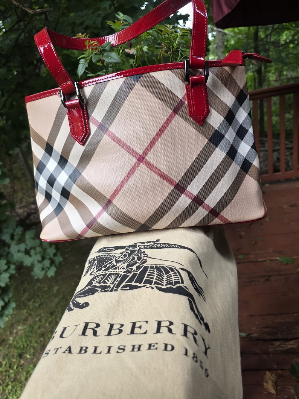 Burberry Beige Plaid Tote with Red Trim